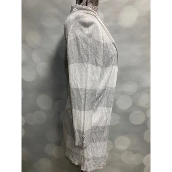 RED grey white striped long lightweight open large cardigan button sleeve detail - Picture 3 of 7